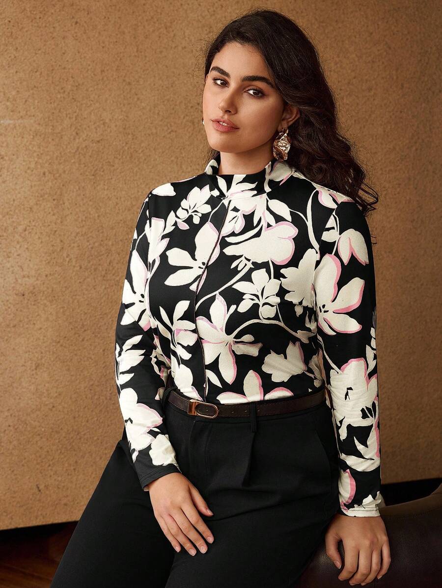 MOTF PREMIUM PLUS FLORAL PRINT MOCK NECK LONG SLEEVE T-SHIRT - Black - View 1