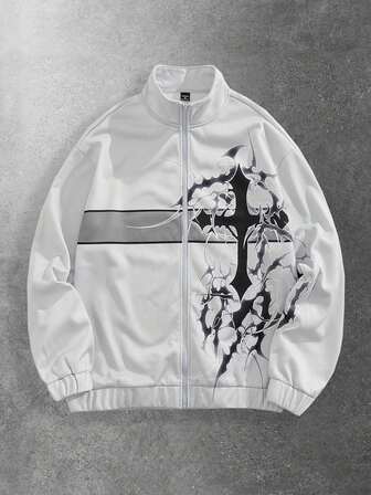 Street Life Chaqueta casual de moda de otoño para hombres con estampado de cruz, contraste de color y cuello alto con cremallera