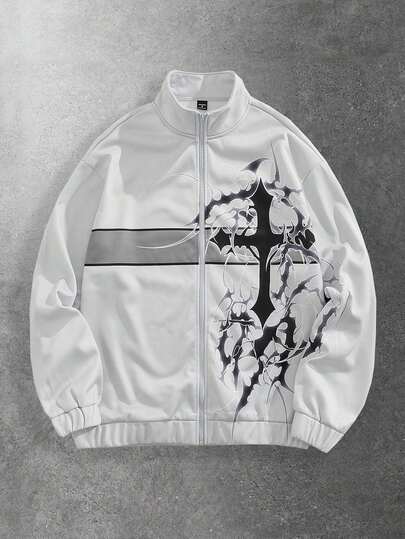 Street Life Chaqueta casual de moda de otoño para hombres con estampado de cruz, contraste de color y cuello alto con cremallera
