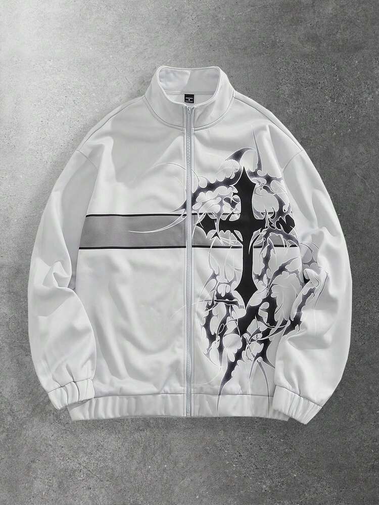 ROMWE MEN Street Life Veste décontractée de mode de rue pour hommes en automne avec imprimé croix et couleur contrastée, col montant avec fermeture éclair
