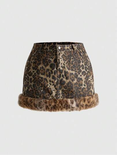 J-Fashion Plus Size Y2K Gyaru Shibuya Leopard Print Retro Fluffy Decor Bodycon Denim Mini Skirt, Autumn/Winter