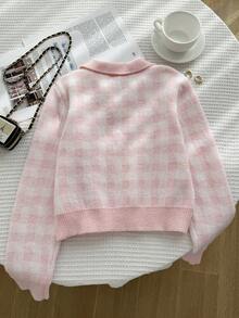 SHEIN 少女粉色V领长袖针织毛衣，优雅刺绣图案，舒适百搭 - 粉色 - 查看 2