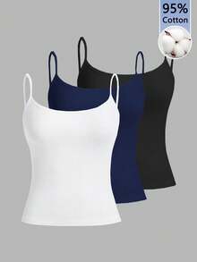 Tseoso 3pcs/Set Casual Slim-Fit Women's Camisole Tops, 95% Cotton, Suitable For Summer, Vintage, Cute Summer Tops, Softgirl, Summer Outing Items, Home, Back To School, Fall Women Clothes, Versatile, - Multicolor - View 10