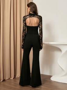 Lyxana 女士时尚优雅蕾丝拼接纯色镂空露背金属拉链高领长袖收腰修身长款连体裤 - 黑色 - 查看 2