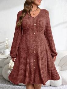 EMERY ROSE Plus Size Women's Lantern Sleeve Textured Button Decor Midi Dress,Fall Women Clothes New Year Clothes  Clothes For New Year Christmas Clothes  Party Dress Winter Clothes For Women Cozy Fall And Winter Clothes For Women