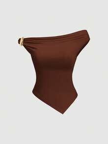 Sweetra Bộ 3 món thời trang Âu Mỹ mùa hè cho nữ, áo thun đơn sắc, viền xoắn kim loại, viền bất đối xứng, thoải mái khi đi làm - Nhiều màu - Xem 8