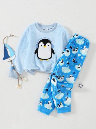 Conjunto de pijama de manga larga con estampado de pingüino de felpa informal para niño