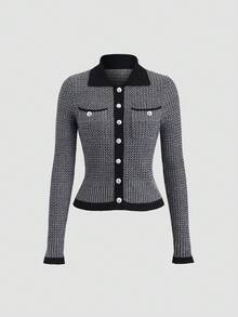 SHEIN Elenzya Áo len cardigan dệt kim nút giả cổ polo họa tiết sóng sọc đen trắng thanh lịch dành cho nữ, tay dài, mùa xuân/thu - Đen và trắng - Xem 1