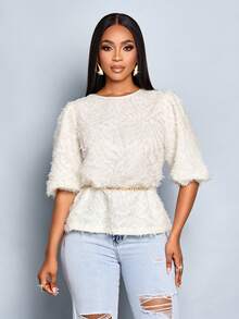 SOLERSUN Women's Crew Neck Textured Elegant Casual Stylish Blouse Ruched Sleeve Fall,Winter,Elegant,Daily Commuting,Going Out Fall - Apricot - View 6