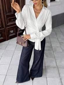 Serisse Damen Einfarbige Kreuz-Wickel Geraffter Vorderseite Knopf Elegante Langarm Bluse - Weiss - Übersicht 5