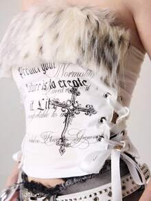 ROMWE Grunge Punk Top tubo de mujer con estampado de letras, decoración de cruz con tachuelas, encaje lateral y diseño romántico punk retro con pelaje, para otoño/invierno como prenda de capa - Beis - Ver 3