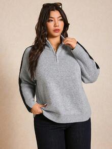 Elaquor Plus Size Color Block High Neck Half Zip Casual Long Sleeve Pullover Sweater/Winter - Grey - View 3