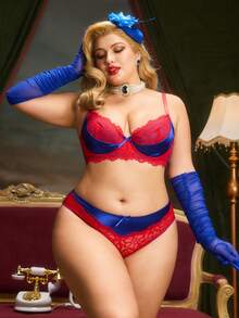 PinupPomp 2 Stück Unterwäsche-Set mit Kontrastfarben, geformter Tasse mit Bügel, gestützter Hebung, Spitze-Patchwork, umhüllend bequem, 3/4 Tasse, retro romantisch, Große Größen BH und Slip