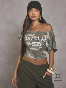 MUSERA Asymmetrical Neck Camo Graphic Fitted T-Shirt Cool Girl Streetstyle Everyday Autumn Winter Varsity 1997 Elegant Holidays Party Spring Summer - Multicolor - View 1