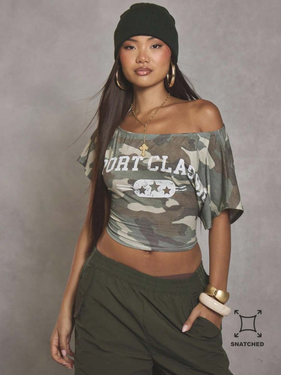 MUSERA Asymmetrical Neck Camo Graphic Fitted T-Shirt Cool Girl Streetstyle Everyday Autumn Winter Varsity 1997 Elegant Holidays Party Spring Summer - Multicolor - View 1