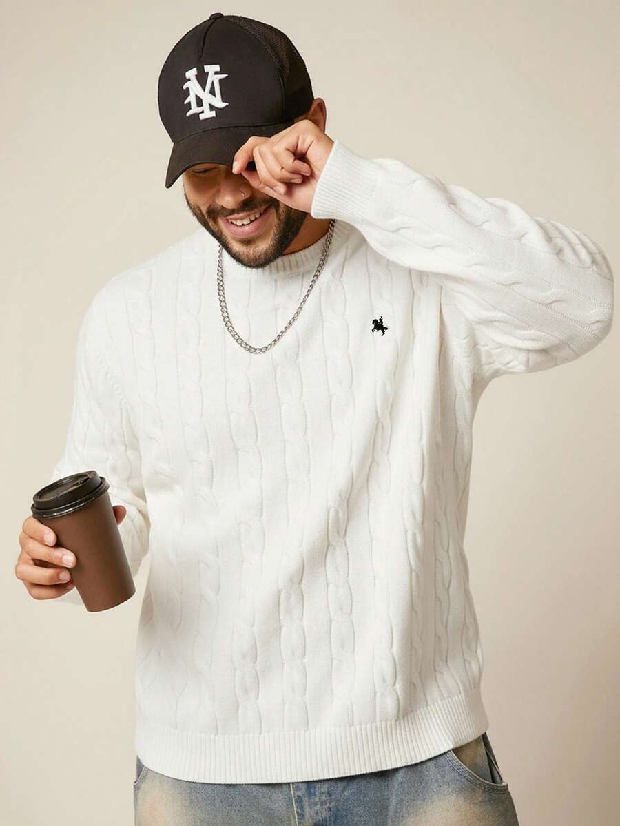 EASEVO Plus Size Men's Casual Cable Knit Crew Neck Long Sleeve Sweater - White - View 1