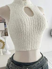 SHEIN Unity Women's Sexy Keyhole Neck Fluffy Knit Sweater Vest - White - View 3