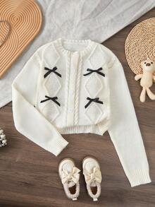 Tween Girl Cardigans,Cream White Soft Knit Cardigan With Bow,Back-To-School Autumn Casual Party Short Sweater For Kids,Wedding Guest Outfits - Beige - View 16