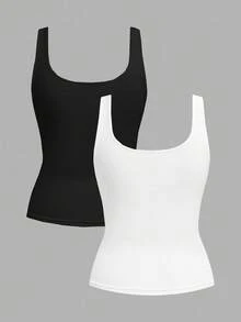 Tseoso Bộ 2 áo ba lỗ cổ tròn nhún eo thường ngày cho nữ, đa năng để mặc hàng ngày, 95% cotton, thích hợp cho mọi mùa trong nhà và ngoài trời, cổ điển, áo mùa hè dễ thương, Softgirl, đồ mặc nhà mùa hè, trang phục gia đình, trở lại trường, quần áo mùa thu cho nữ, đa năng - Đen và trắng - Xem 2