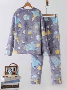 Bộ đồ ngủ 2 món cổ tròn tay dài in hình tàu vũ trụ, tên lửa, hành tinh phát sáng trong bóng tối cho bé trai, thích hợp mặc ở nhà hàng ngày - Màu xanh lam - Xem 2