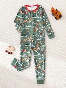 Toddler Boys' Pullover Knit Soft Ribbed Trim Digger Graphic Snug Fit Long Sleeve Jumpsuit, Cozy Sleepwear, Autumn/Winter - Green - View 6