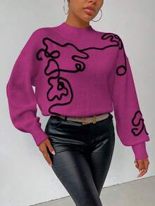 SHEIN LUNE Suéter de mujer casual con patrón de textura de bloque de color, otoño/invierno - Rosa Fucsia - Ver 4