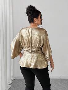 Elenzga Sukienka damska w dużym rozmiarze, najlepiej sprzedająca się, z dekoltem w serek i rozcięciem w talii, w kształcie litery A, z metalicznym akcentem, elegancka, wyszczuplająca suknia wieczorowa na ekskluzywne bankiety, imprezy, spotkania biznesowe, z odkrytymi ramionami, romantyczna, formalna, długa bluzka - Złoto - Zobacz 2