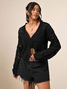 SHEIN VCAY 大码纯色简约日常系带长袖开衫女士秋冬装 - 黑色 - 查看 3