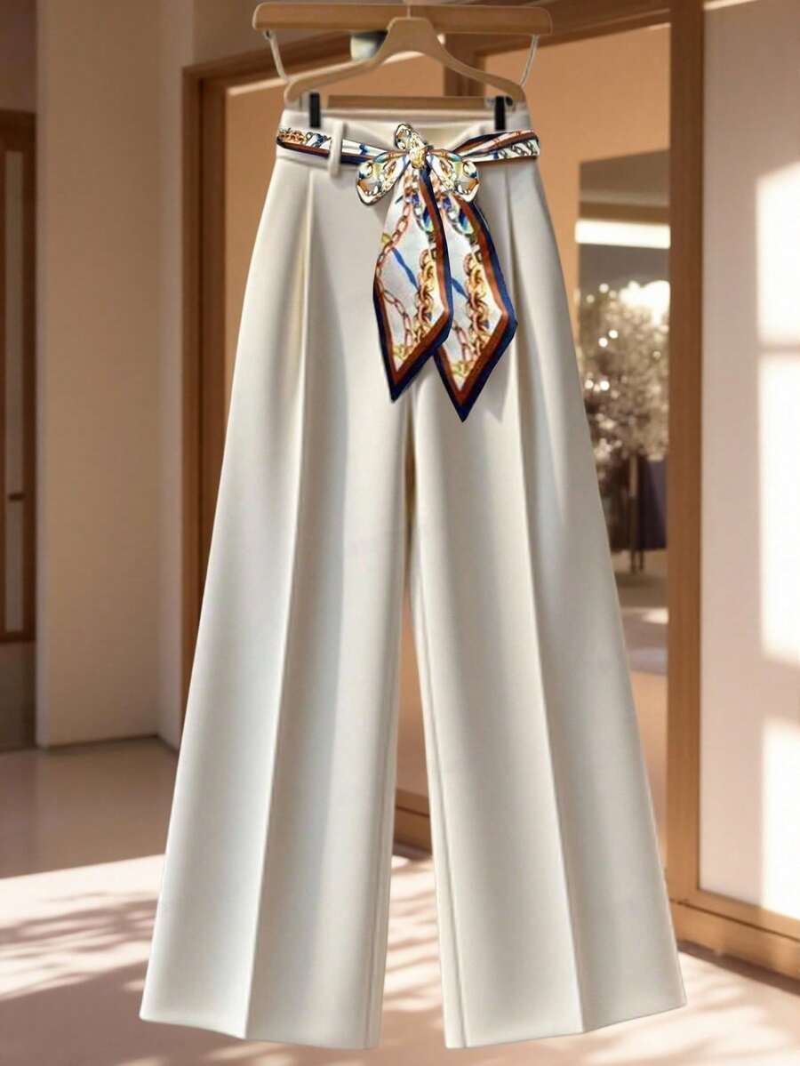 Franclia 女士纯白色杏色简约日常后腰弹力直筒裤，配围巾，通勤，优雅秋冬圣诞节新年感恩节派对装扮 - 杏色 - 查看 1