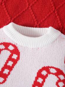 SHEIN Baby Mädchen/Jungen Weihnachts-Strickpullover, Langarm-Bodysuit, bequem für Herbst/Winter, süßes Zuckerstangen-Muster, geeignet für Feiertage, Weihnachten, Reisen, Partys - Verschiedenfarbig - Übersicht 4