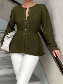 EURMUSE Knitwear Peplum Hem Cardigan With Fancy Buttons - Army Green - View 7