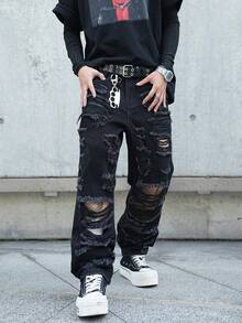 Manfinity Roghcode Black Ripped Denim Jeans For Men Street Casual Avant-Garde Style Long Straight Leg With Zipper Retro Pattern - Black - View 7