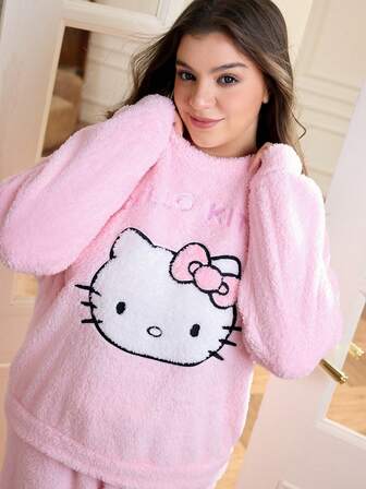 HELLO KITTY AND FRIENDS | SHEIN 大码女式休闲可爱卡通字母刺绣抓绒上衣和裤子蓬松舒适睡衣套装，秋冬款