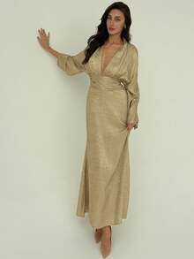 Aloruh Women's Champagne Gold Deep V-Neck Elegant Long Sleeve Gold Foil Dress,Autumn Dining Party Evening Wedding Guest Dresses,Chic Date Outfit - Gold - View 8