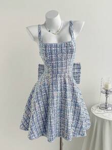 Comfortcana Women's Fall/Winter Sequin Patchwork Bowknot Decor Camisole Mini Dress Glowmode Rave Tweed Dress Concert, Elegant Dresses For Party - Blue - View 1