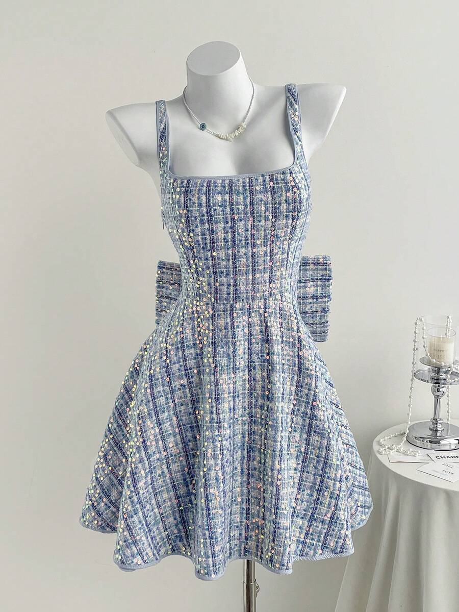 Comfortcana Women's Fall/Winter Sequin Patchwork Bowknot Decor Camisole Mini Dress Glowmode Rave Tweed Dress Concert, Elegant Dresses For Party - Blue - View 1