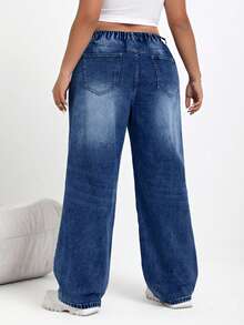 SHEIN EZwear Plus Size Women High Waist Pockets Thermal Lined Wide Leg Loose Casual Jeans - Blue - View 2