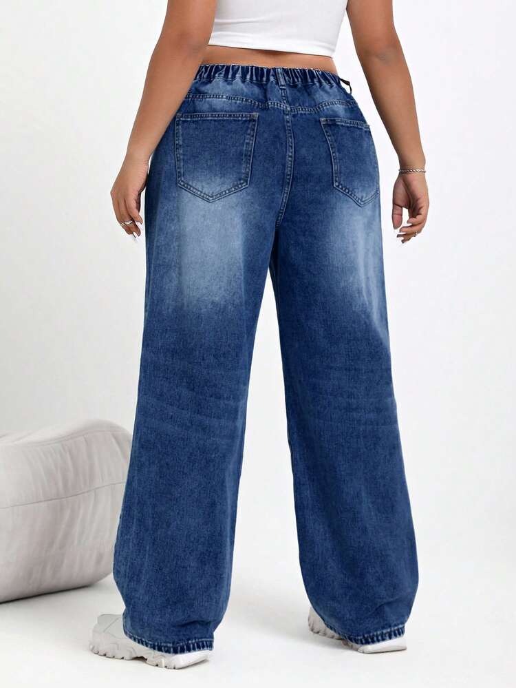 SHEIN EZwear Quần jean ống rộng cạp cao lót nhiệt dáng rộng thường ngày cho nữ cỡ lớn - Màu xanh lam - Xem 2