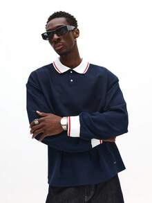 SUMWON Men's Long Sleeve Textured Boxy Fit Polo With Contrast Collar And Cuff Details - Navy Blue - View 4