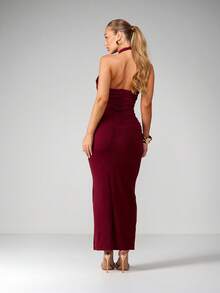 MISSGUIDED Halter Neck Ruched Midaxi Dress Bodycon Evening Party Formal Sleeveless - Burgundy - View 2