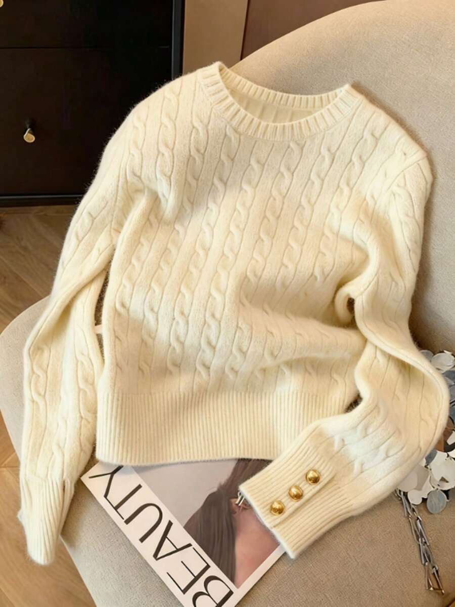 Airaco 女式休闲圆领长袖麻花图案毛衣，秋冬 - 杏色 - 查看 1