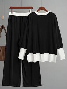 SHEIN PETITE CURVE Bộ 2 áo cổ chữ V phối gân màu tương phản cỡ lớn và quần ống rộng cho nữ, phong cách Hàn Quốc, trang phục thường ngày thanh lịch và trang phục ngày lễ - Đen và trắng - Xem 2