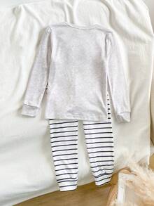 2pcs Toddler Boys' Tight-Fitting Set, Long Sleeve Top With Embroidered Design, Paired With Black Striped Pants, Simple & Comfortable Casual Wear Bamboo Pajamas Kids Long Sleeve Pajamas Striped Pajamas Kids Seashell Pajamas Kids Pajamas "Tight Fit Pajama","Tight Fit","Snug Fit Bon Appetit Pajamas Croissant Print Pajamas Striped Pants Kids "Tight Fit Pajama","Tight Fit","Snug Fit - Light Grey - View 2