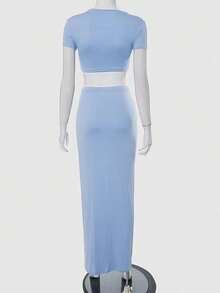 INAWLY Solva 女式纯色短款上衣和高腰半身裙两件套 - 淺藍色 - 查看 4