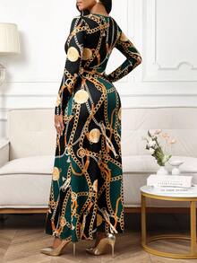 SHEIN Lady Women's Elegant Chain Print V-Neck Belted Fitted Long Dress, Spring/Autumn - Multicolor - View 2