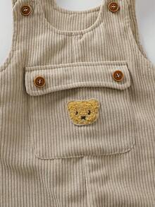 SHEIN Playful Pals 0-3 Years Baby Unisex Infant Toddler Spring Autumn White High Collar Long Sleeve Top With Apricot Bib Pants Set, Casual Style With Cute Bear Embellishment Suitable For Outdoor Play And Leisure - Coffee Brown - View 4