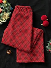 SHEIN Unity 1pc Women's Red Plaid Low Waist Drawstring Casual, Homewear, Christmas Pants - Red - View 2
