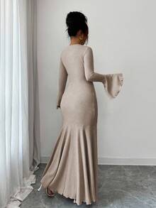 Elenzga Váy tay bèo nhún viền đuôi cá co giãn thanh lịch dành cho nữ, mùa thu/đông - Màu Khaki - Xem 2