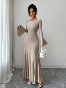 Elenzga Váy tay bèo nhún viền đuôi cá co giãn thanh lịch dành cho nữ, mùa thu/đông - Màu Khaki - Xem 4
