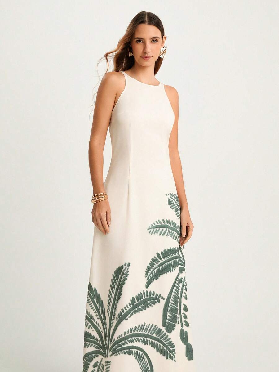 CAJUNI Women's Summer Casual Vacation  Palm Tree Print Sleeveless Long Dress, Island Dress,Tropical Dresses For Women, Palm Tree Dress, Hawaiian Dress Women - Apricot - View 1